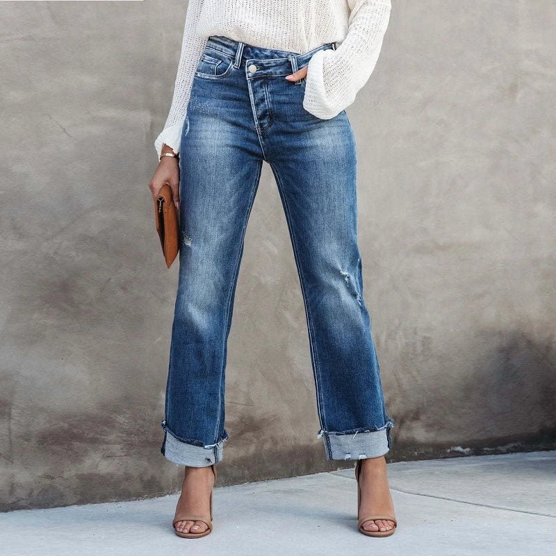 Image of Cheryl | Dames High-Waisted Jeans met Omslag