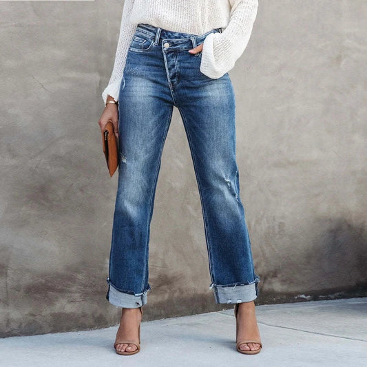 Image of Cheryl | Dames High-Waisted Jeans met Omslag