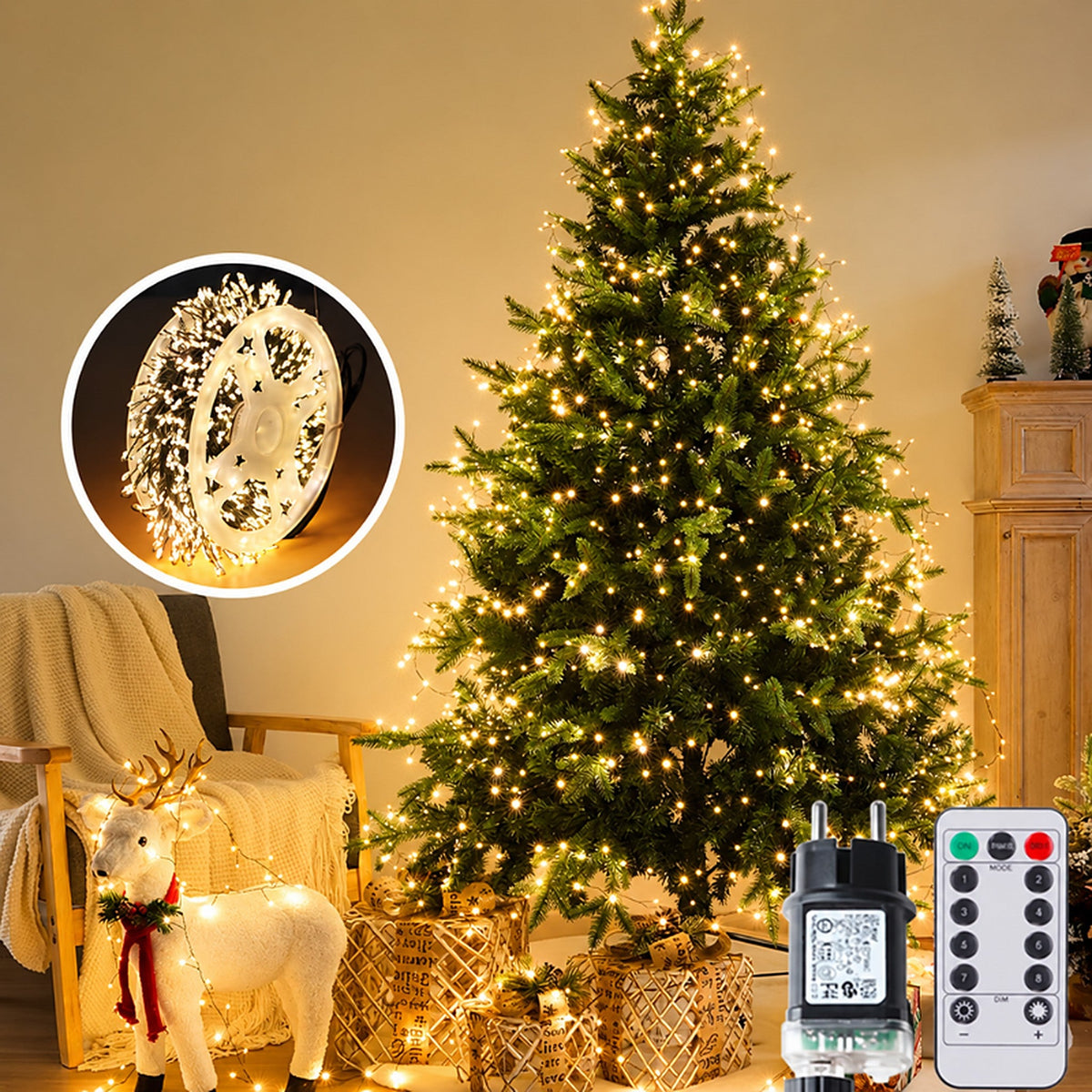 Clusterverlichting voor de kerstboom - LED-lichtsnoer met groene draad en afstandsbediening