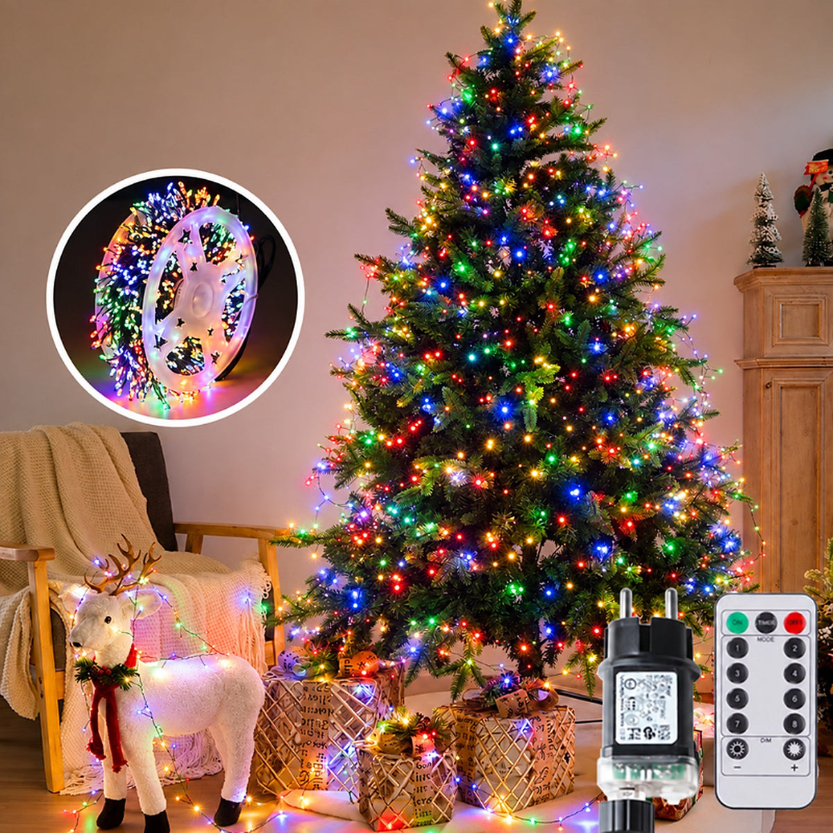 Clusterverlichting voor de kerstboom - LED-lichtsnoer met groene draad en afstandsbediening