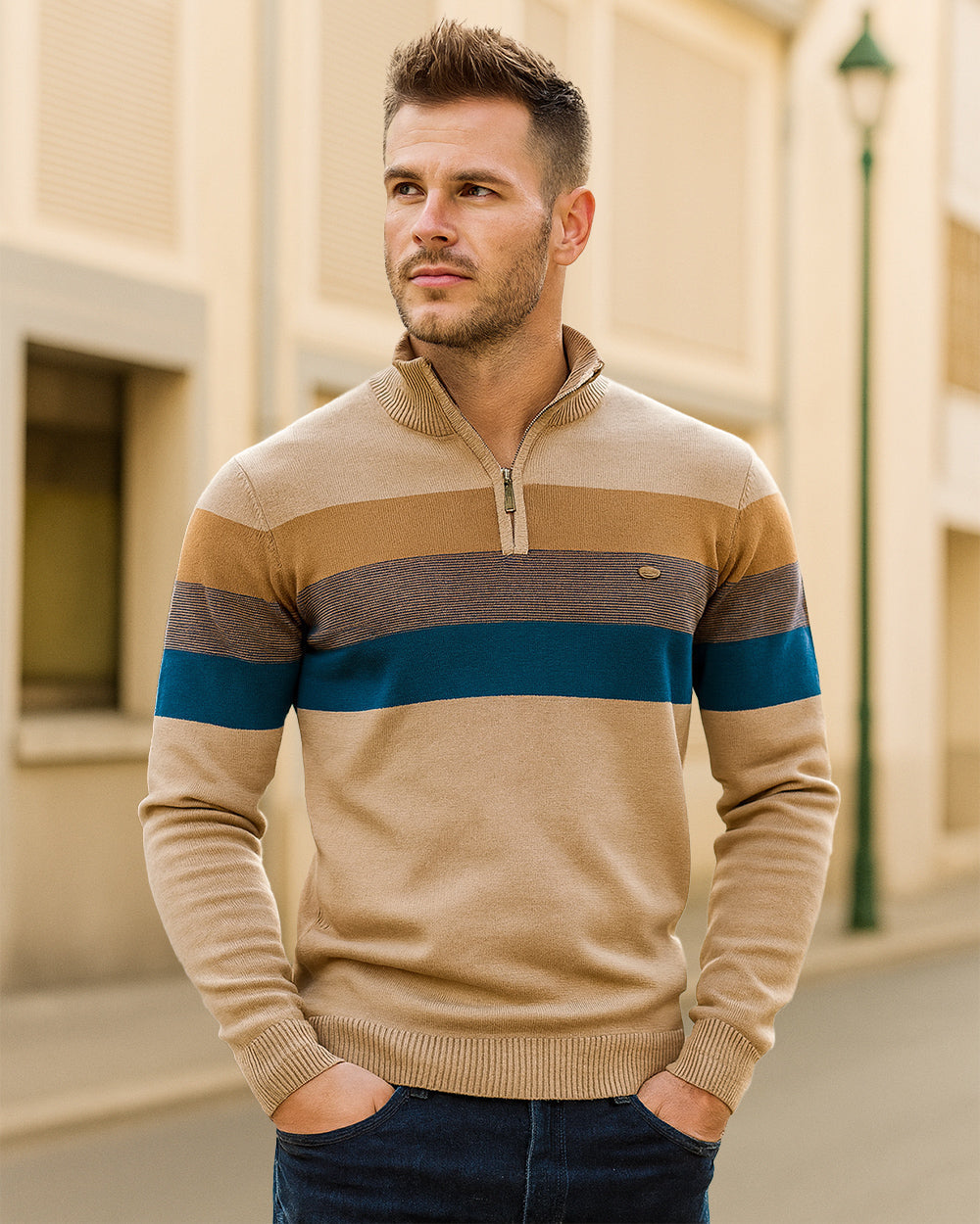 Colorblock trui met halve rits voor heren