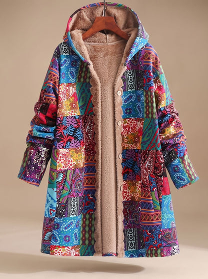 Comfortabele fleecegevoerde damesjas met capuchon en boho-patchwork