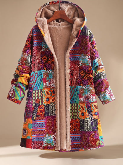 Comfortabele fleecegevoerde damesjas met capuchon en boho-patchwork