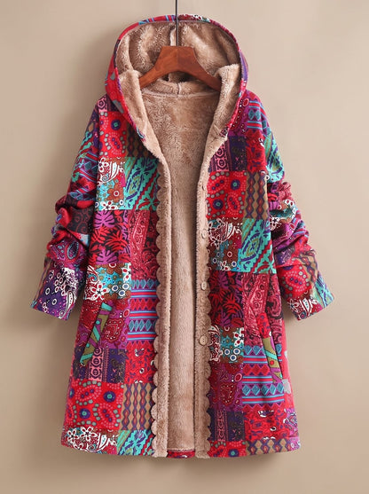 Comfortabele fleecegevoerde damesjas met capuchon en boho-patchwork