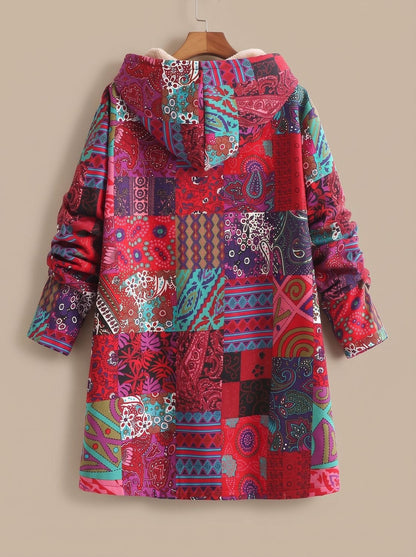 Comfortabele fleecegevoerde damesjas met capuchon en boho-patchwork