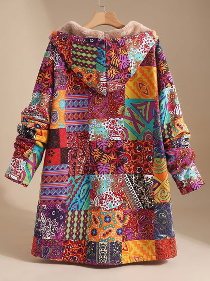 Comfortabele fleecegevoerde damesjas met capuchon en boho-patchwork
