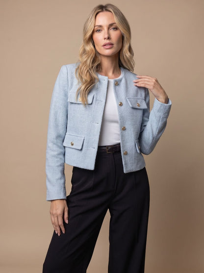 Cropped kraagloze tweed blazer voor dames met gouden knopen en klepzakken