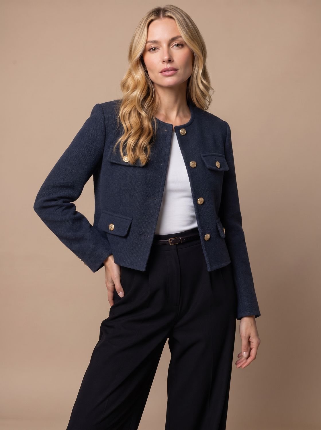 Cropped kraagloze tweed blazer voor dames met gouden knopen en klepzakken