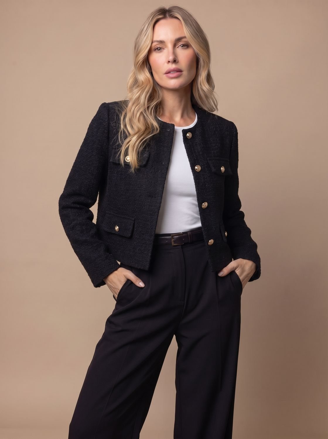Cropped kraagloze tweed blazer voor dames met gouden knopen en klepzakken