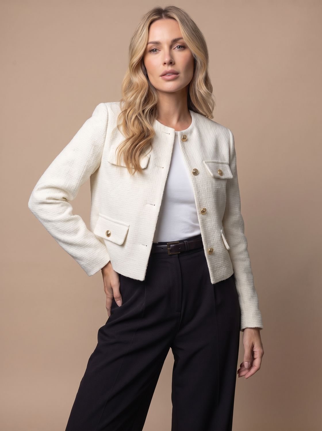 Cropped kraagloze tweed blazer voor dames met gouden knopen en klepzakken