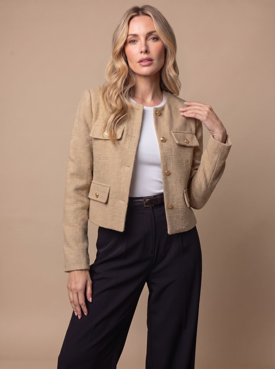 Cropped kraagloze tweed blazer voor dames met gouden knopen en klepzakken