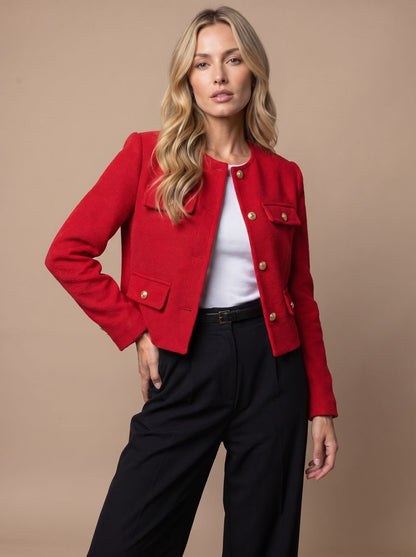Cropped kraagloze tweed blazer voor dames met gouden knopen en klepzakken