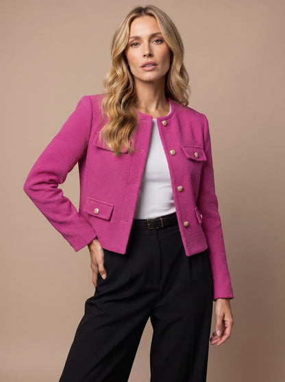 Cropped kraagloze tweed blazer voor dames met gouden knopen en klepzakken