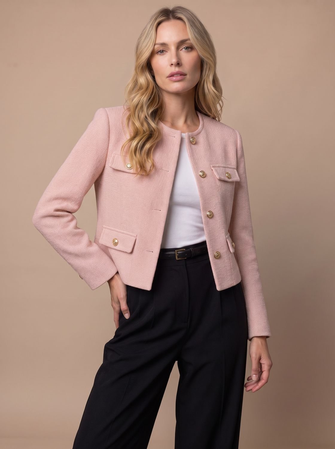 Cropped kraagloze tweed blazer voor dames met gouden knopen en klepzakken