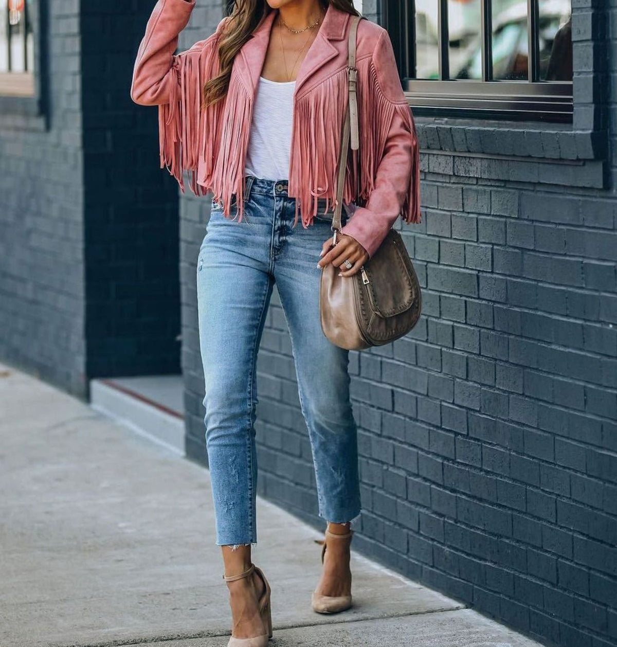 Cropped suède bikerjack met franjes voor dames