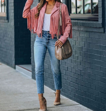 Cropped suède bikerjack met franjes voor dames