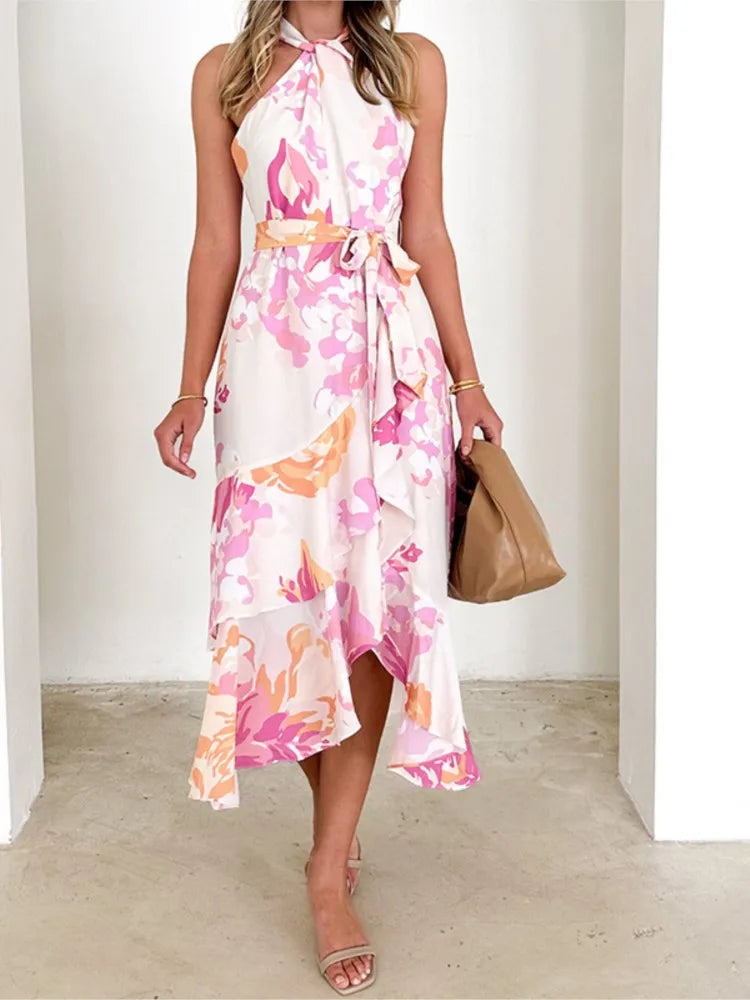 Image of Dames Bloemen Halter Midi Jurk