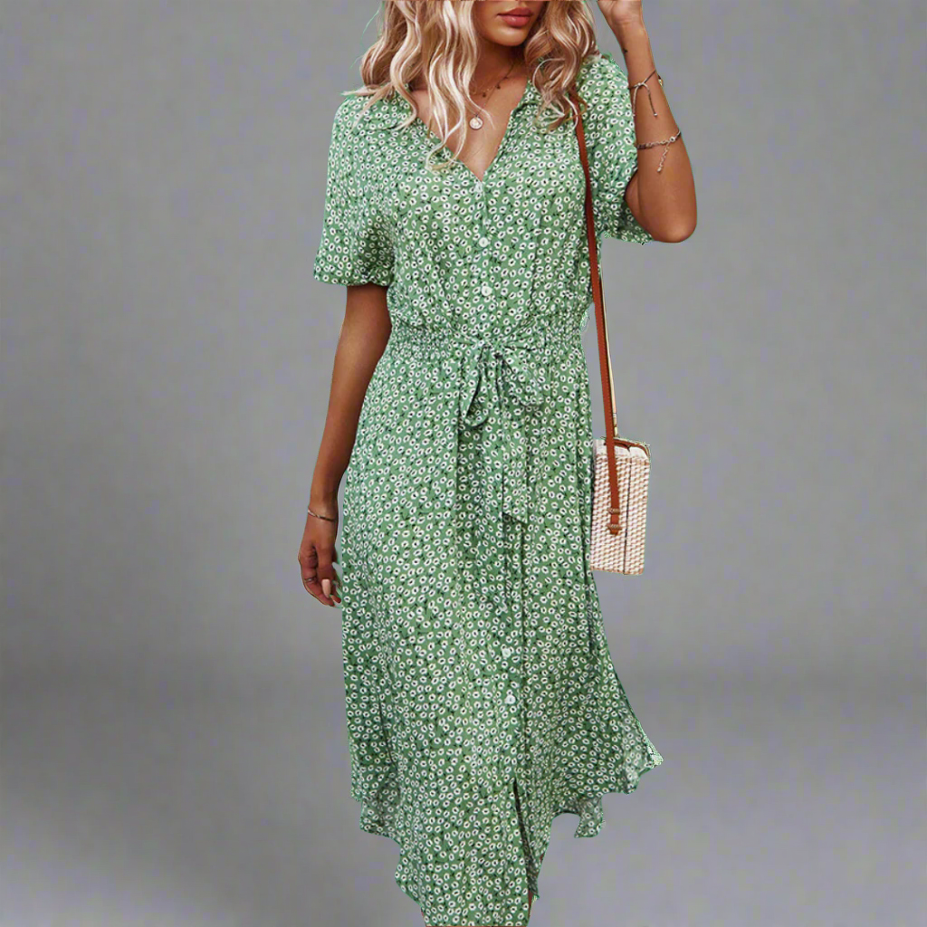 Image of Dames Bloemen Midi Overhemdjurk met Knoopsluiting