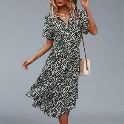 Image of Dames Bloemen Midi Overhemdjurk met Knoopsluiting