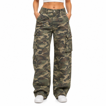Dames camouflage cargojeans met stretch taille en regular fit - Casual cargobroek voor elke dag
