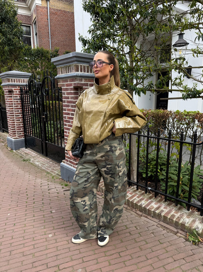 Dames camouflage cargojeans met stretch taille en regular fit - Casual cargobroek voor elke dag