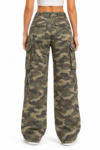 Dames camouflage cargojeans met stretch taille en regular fit - Casual cargobroek voor elke dag