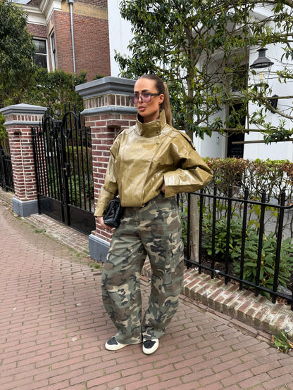 Dames camouflage cargojeans met stretch taille en regular fit - Casual cargobroek voor elke dag