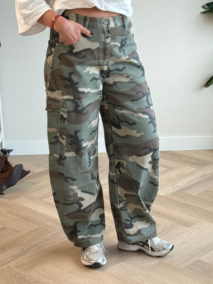 Dames camouflage cargojeans met stretch taille en regular fit - Casual cargobroek voor elke dag