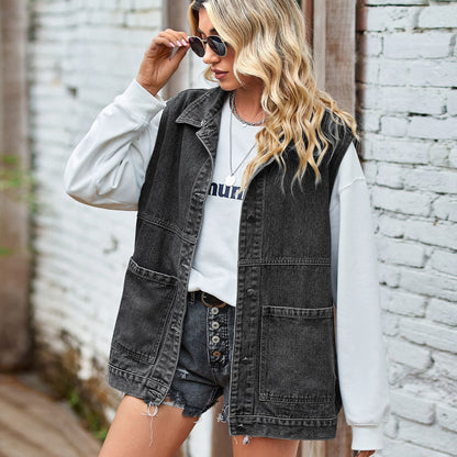 Image of Dames Denim Vest Jas met Zakken