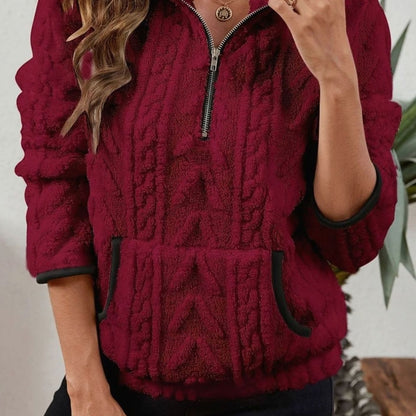 Dames fleece trui met structuur, halve rits en kangoeroezak