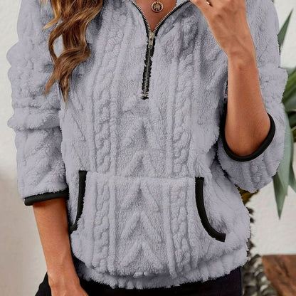 Dames fleece trui met structuur, halve rits en kangoeroezak