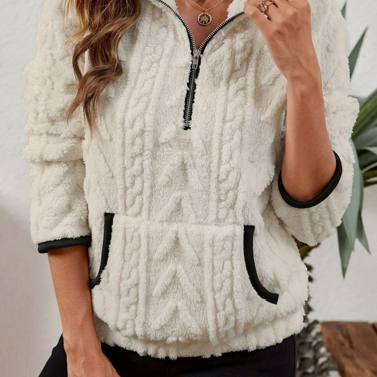 Dames fleece trui met structuur, halve rits en kangoeroezak