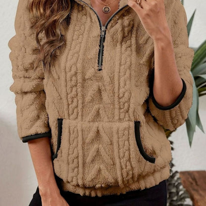 Dames fleece trui met structuur, halve rits en kangoeroezak