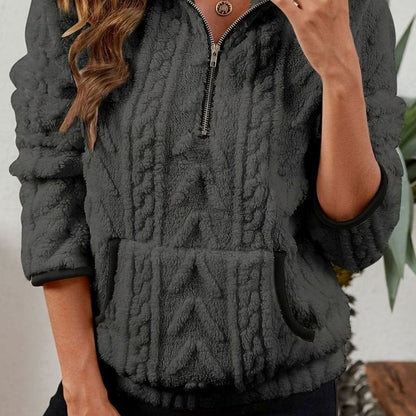 Dames fleece trui met structuur, halve rits en kangoeroezak