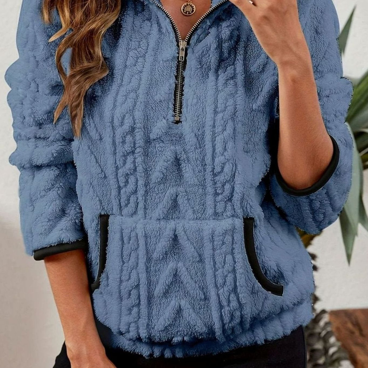 Dames fleece trui met structuur, halve rits en kangoeroezak