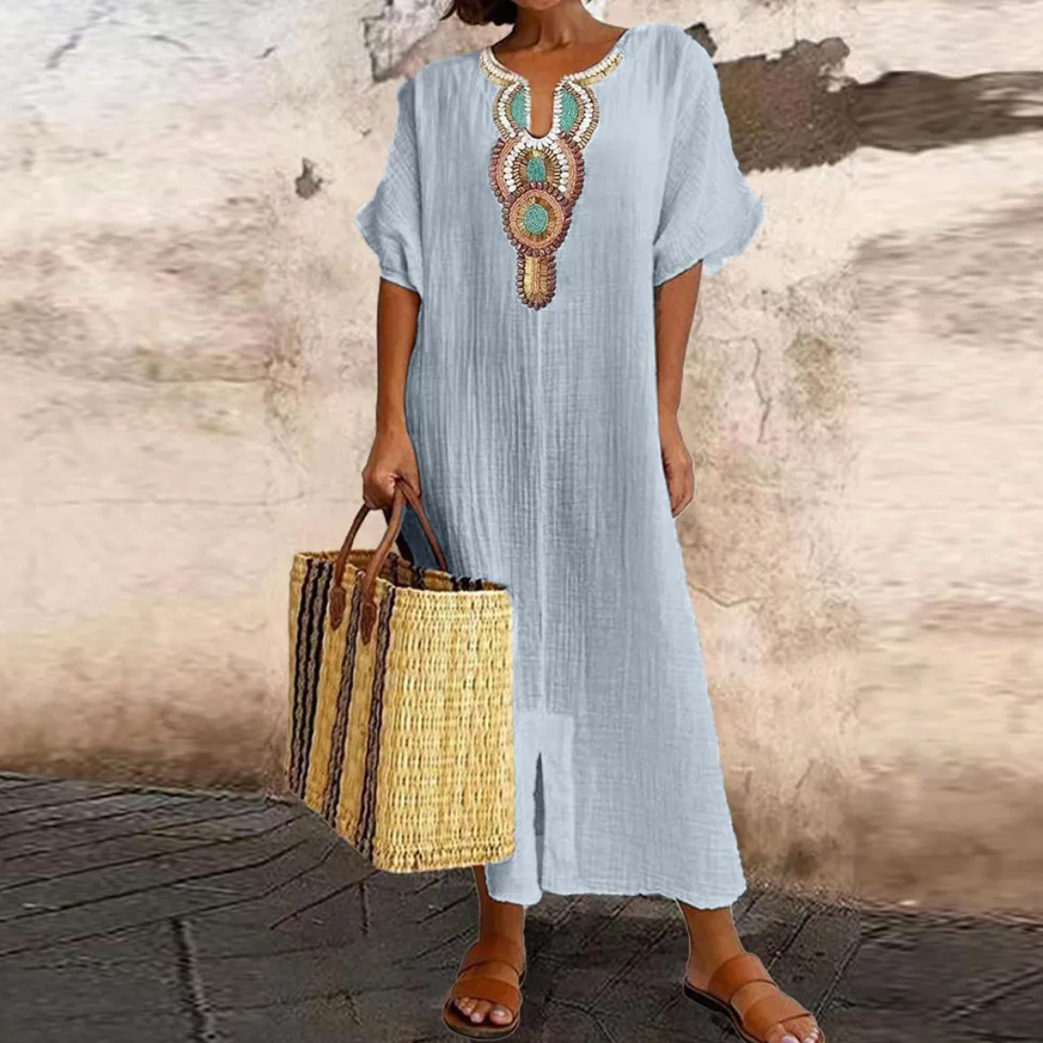 Image of Dames Geborduurde Boho Maxi Jurk