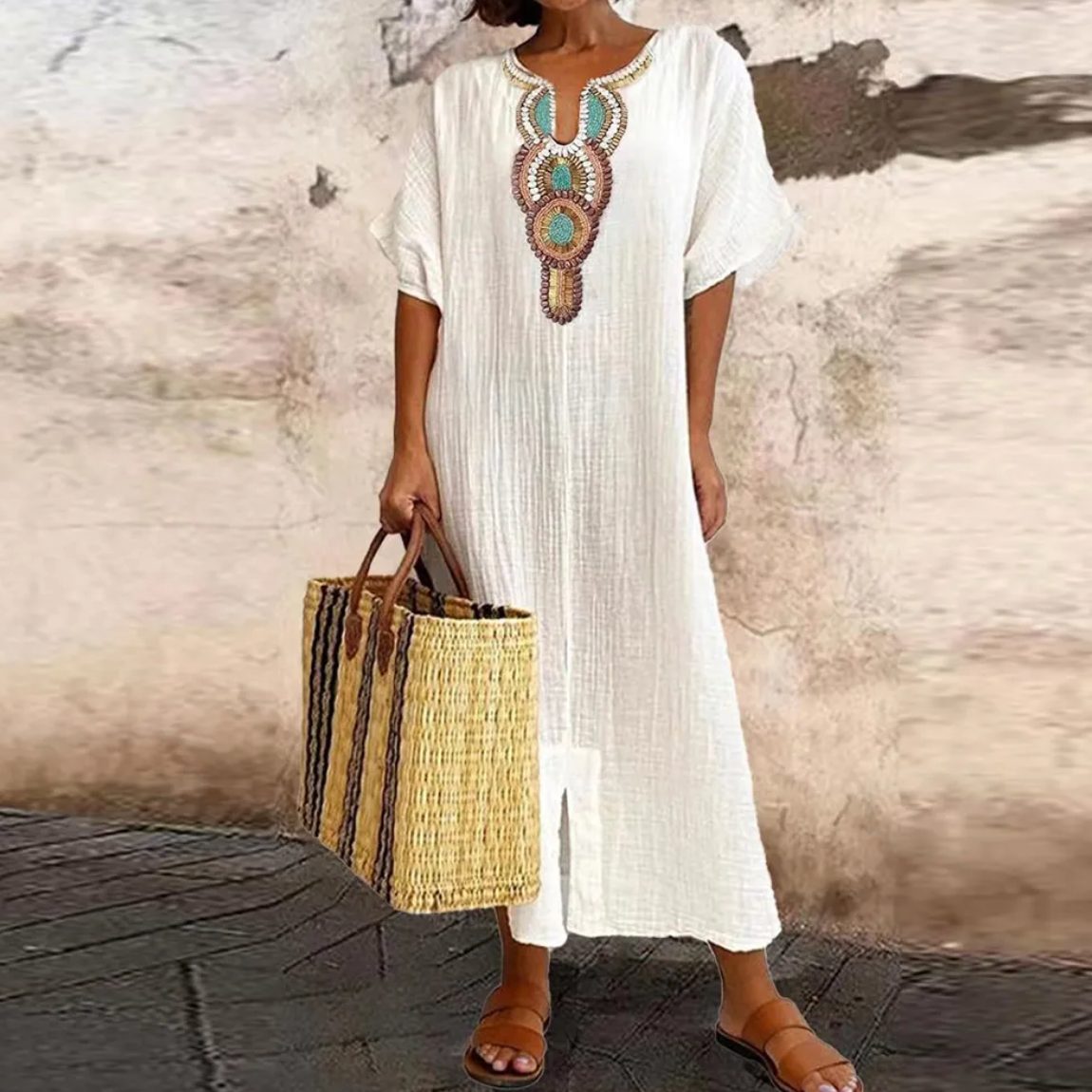 Image of Dames Geborduurde Boho Maxi Jurk