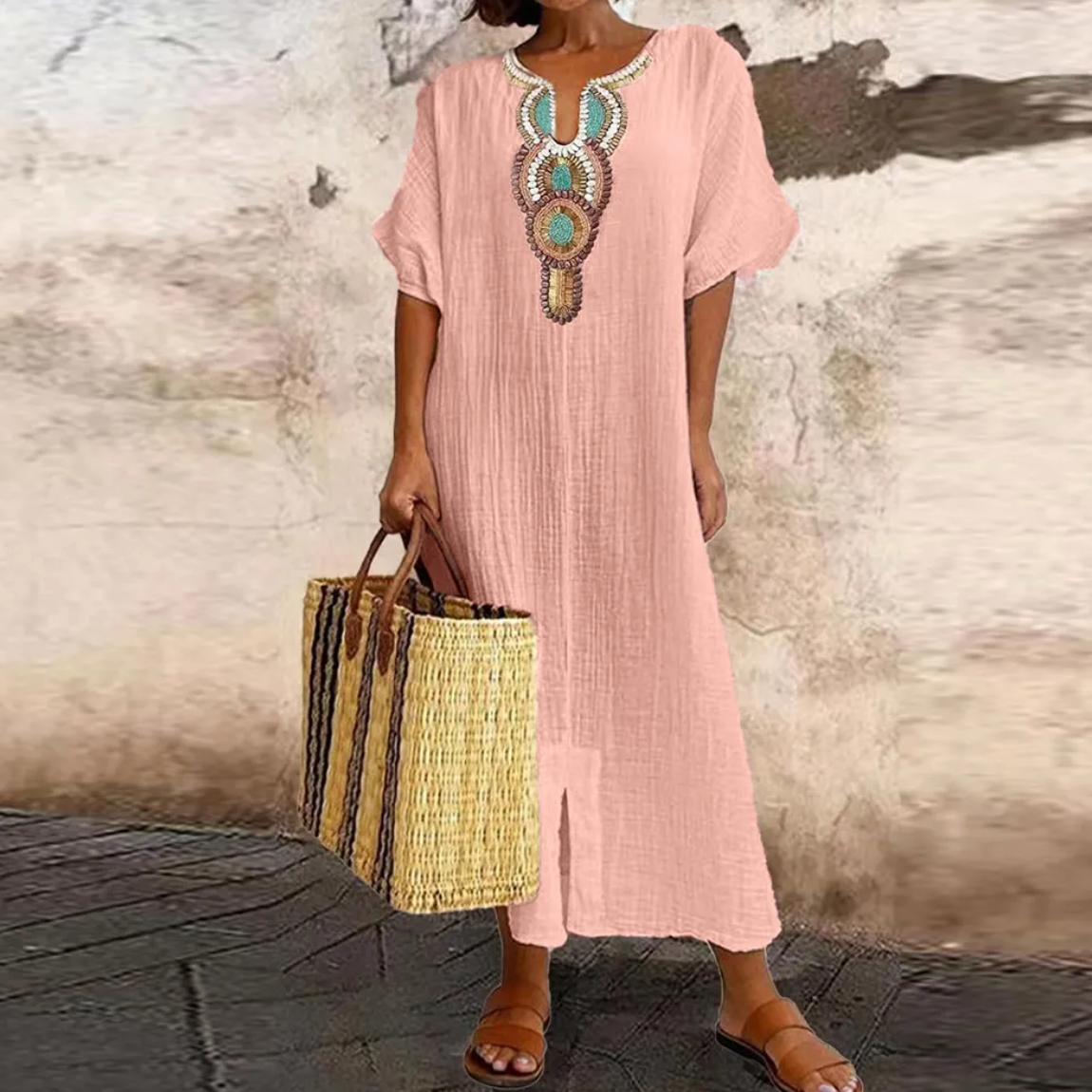 Image of Dames Geborduurde Boho Maxi Jurk
