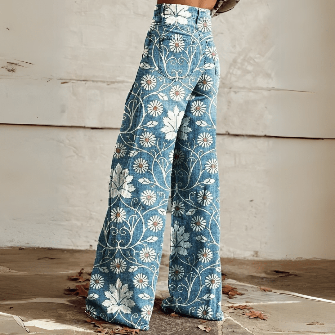 Image of Dames Jeans met Print - Hoge Taille - Wijde Pijpen
