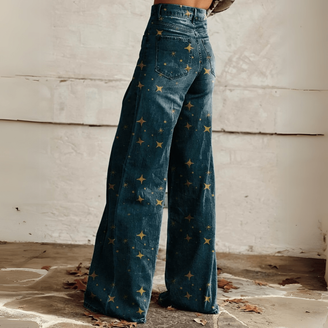 Image of Dames Jeans met Print - Hoge Taille - Wijde Pijpen