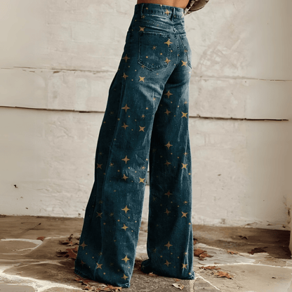 Image of Dames Jeans met Print - Hoge Taille - Wijde Pijpen