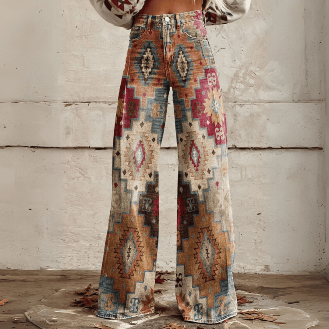 Image of Dames Jeans met Print - Hoge Taille - Wijde Pijpen