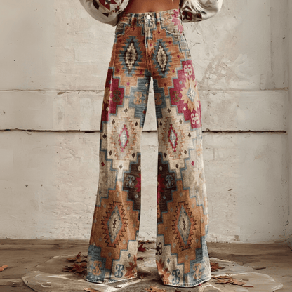 Image of Dames Jeans met Print - Hoge Taille - Wijde Pijpen