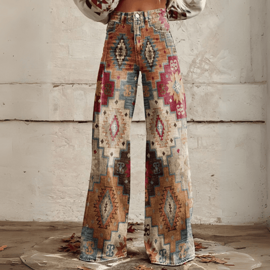 Image of Dames Jeans met Print - Hoge Taille - Wijde Pijpen