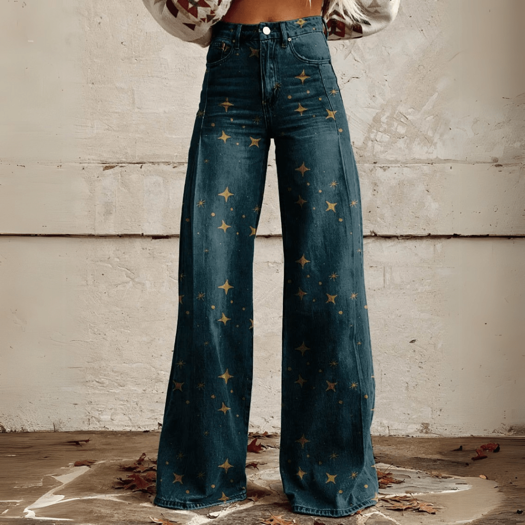 Image of Dames Jeans met Print - Hoge Taille - Wijde Pijpen