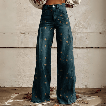 Image of Dames Jeans met Print - Hoge Taille - Wijde Pijpen