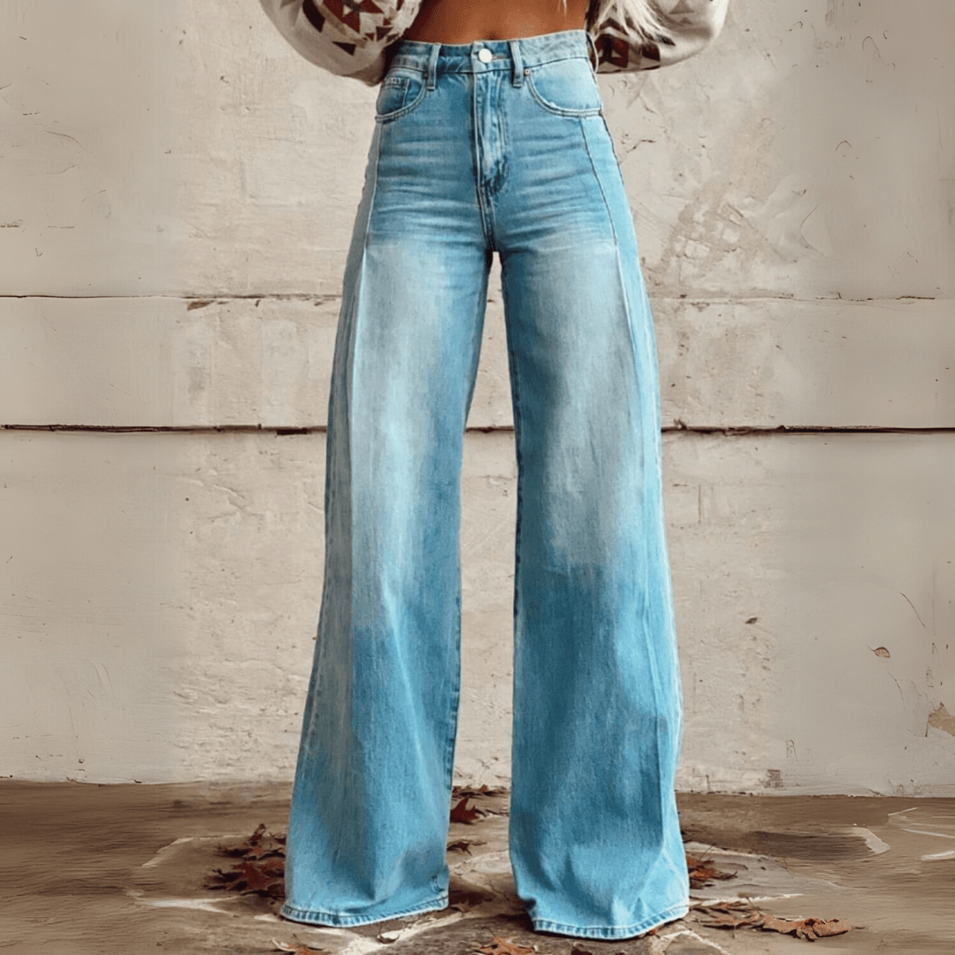 Image of Dames Jeans met Print - Hoge Taille - Wijde Pijpen