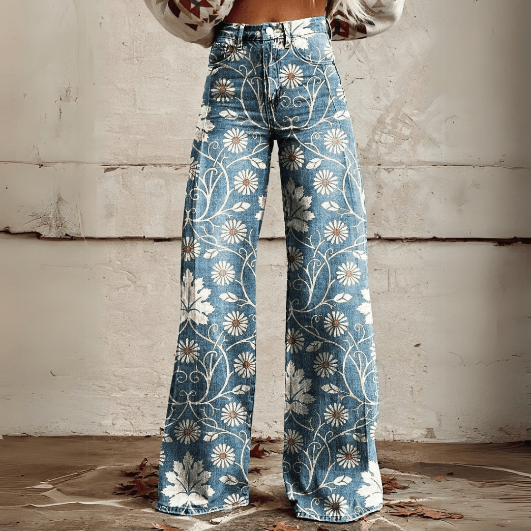 Image of Dames Jeans met Print - Hoge Taille - Wijde Pijpen