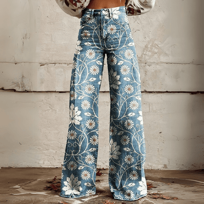 Image of Dames Jeans met Print - Hoge Taille - Wijde Pijpen