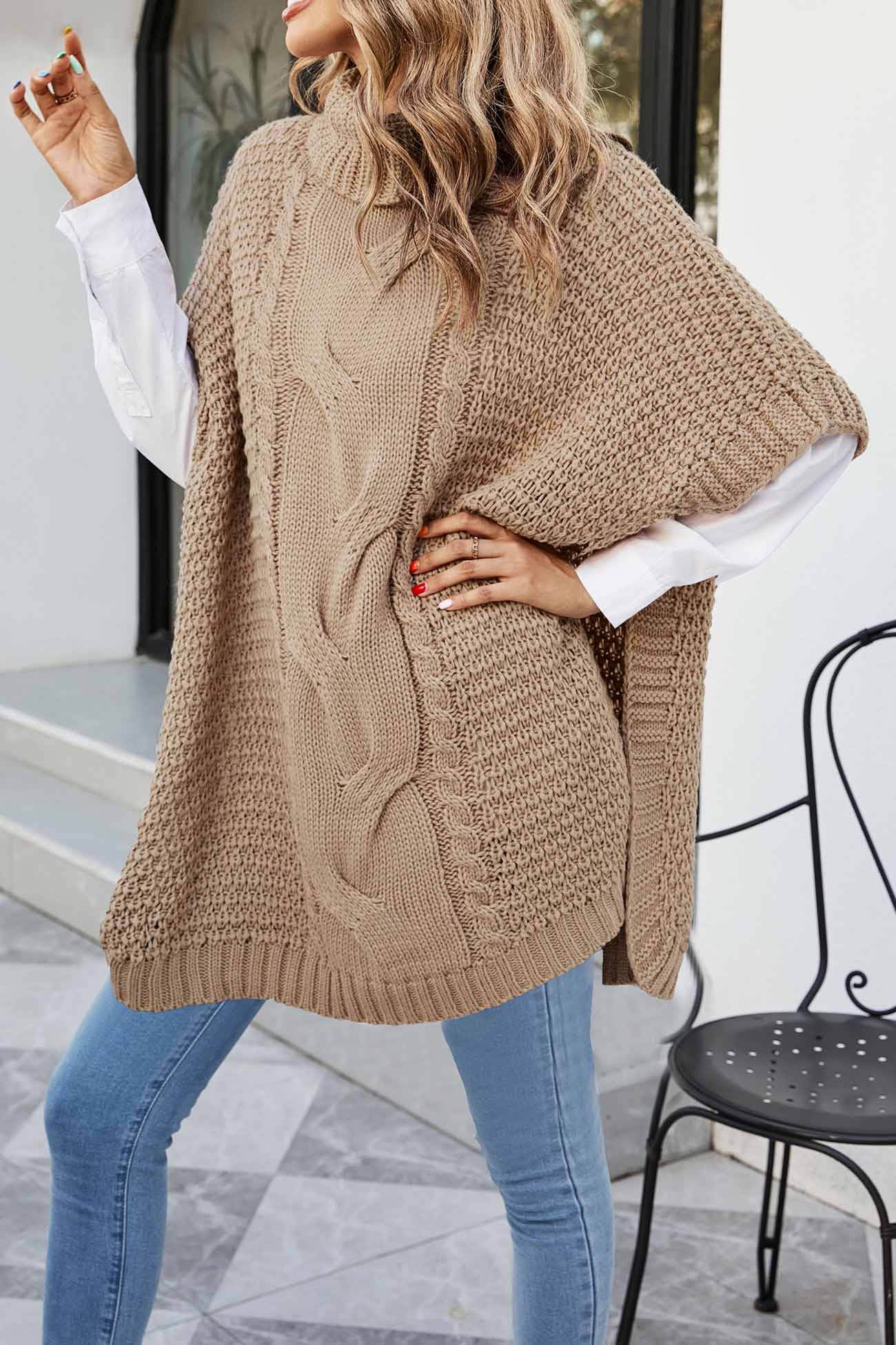 Image of Dames Kabel Gebreide Trui Poncho